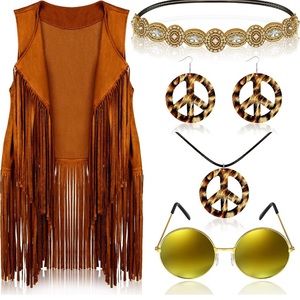 6 Pcs 60s 70s Outfits for Women Hippie Costume Set Peace Sign Earring Headband S